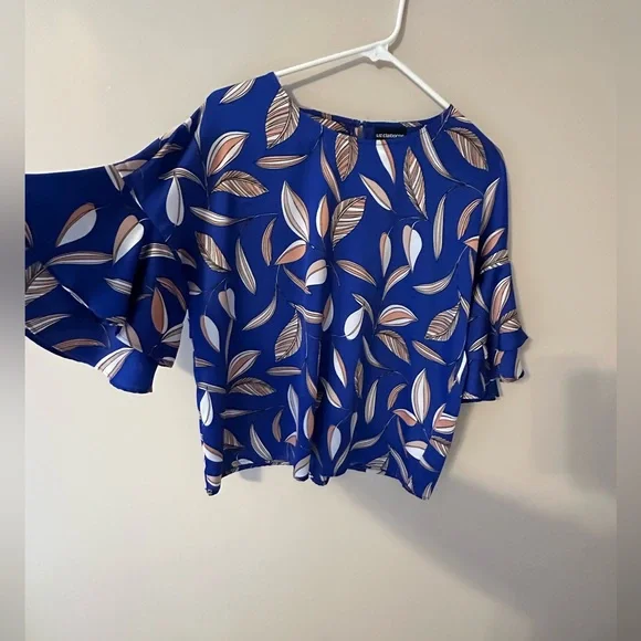 Liz Claiborne Navy Leaf Print Blouse - Picture 4 of 10